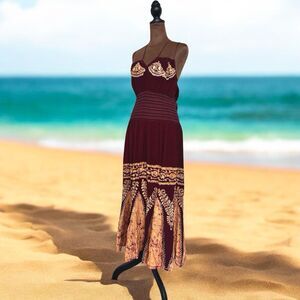 Batik Dress Smocked Spaghetti Boho Maxi Rasta Embroidered Burgundy Gold S M L